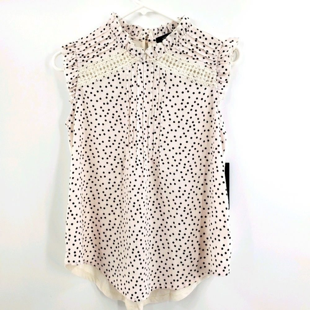 NWT polka-dot ruffled neck sleeveless blouse small